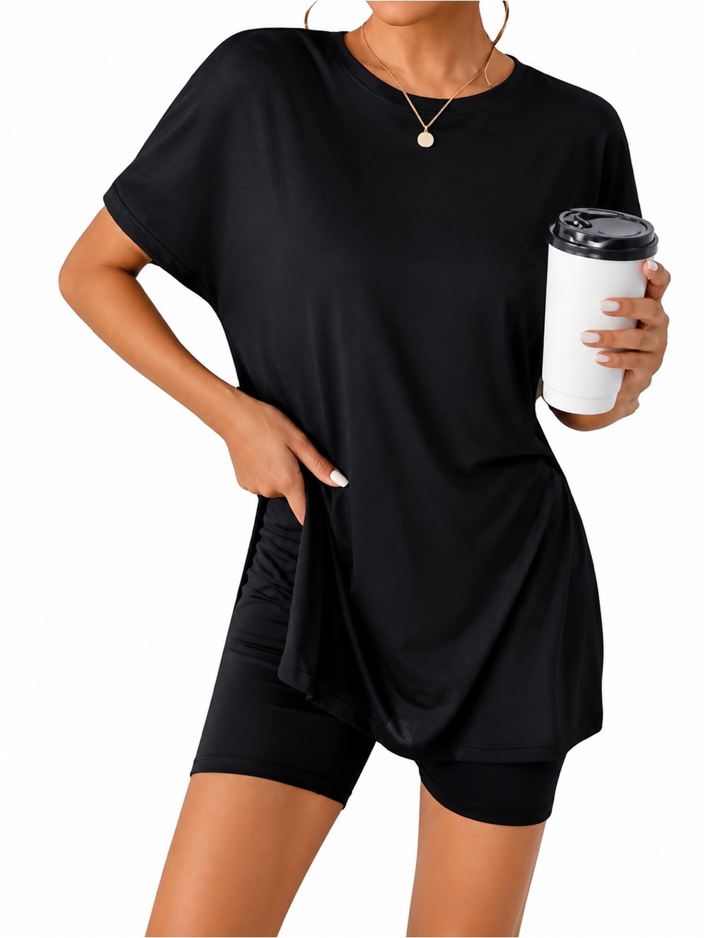 SHEIN Matching Lounge Set Black Tee & Biker Shorts Co Ord Set Size Small